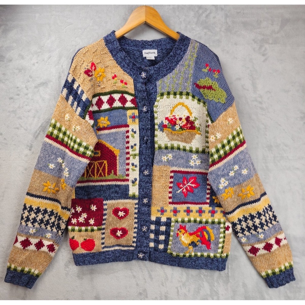 Bon Worth Chunky Sweater Large Cardigan Artsy Farm Barn Chicken Cottagecore